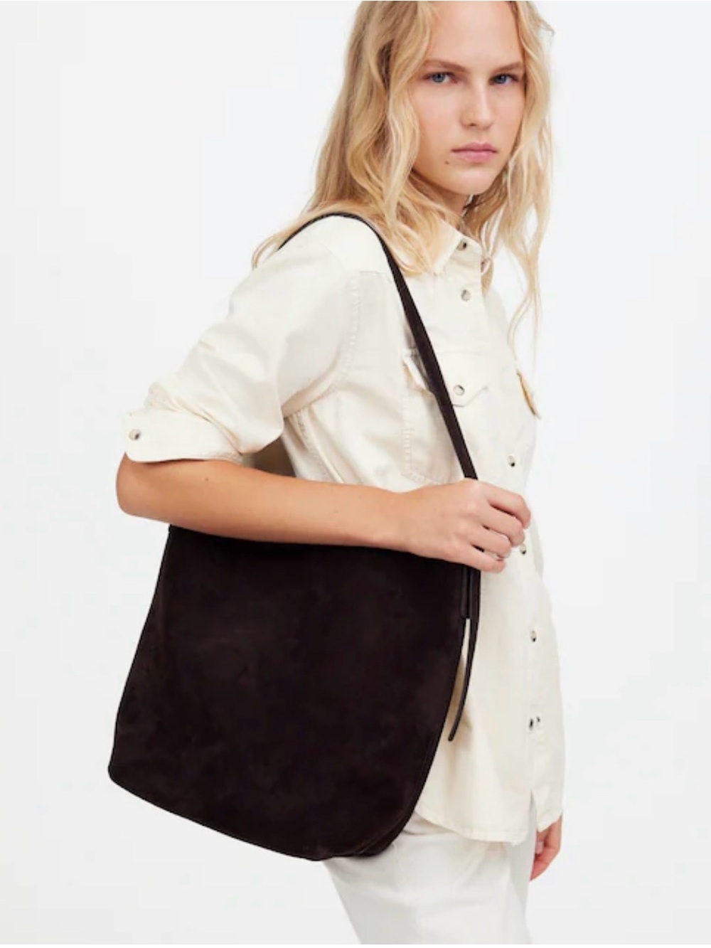 Madewell The Essential Bucket Tote in Dark Carob genuine suede leather